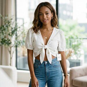 NWT Zaful White Tie-Front Cropped Blouse - Size Small